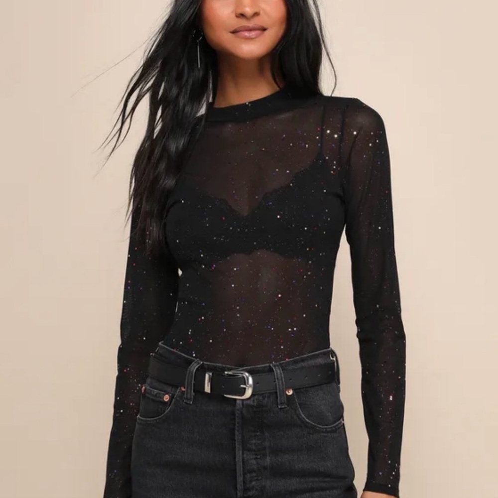 Lulu's Sheer Black Long-Sleeve Sparkle Mesh Body Suit